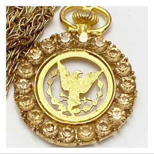 bald Eagle gold tone long necklace with peach rhinestones eagle with arrows